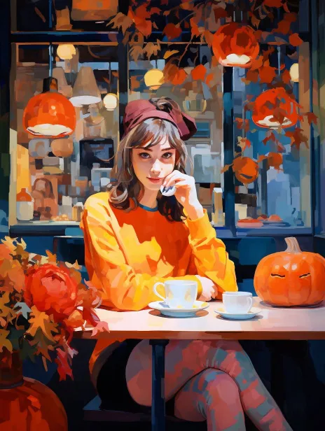 a girl inside a cafe, vibrant colors