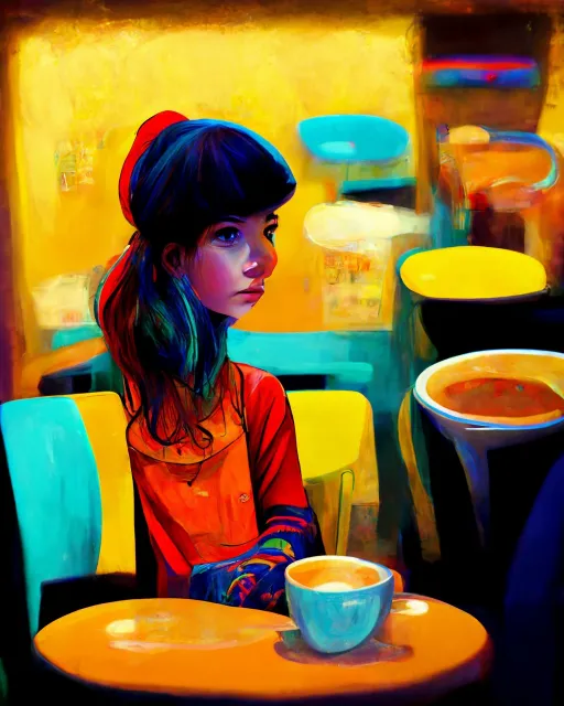 a girl inside a cafe, vibrant colors