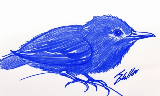 Blue pen sketch of a bird