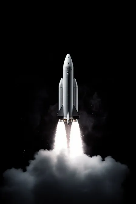 a white rocket launch, black background, clean, minimalistic